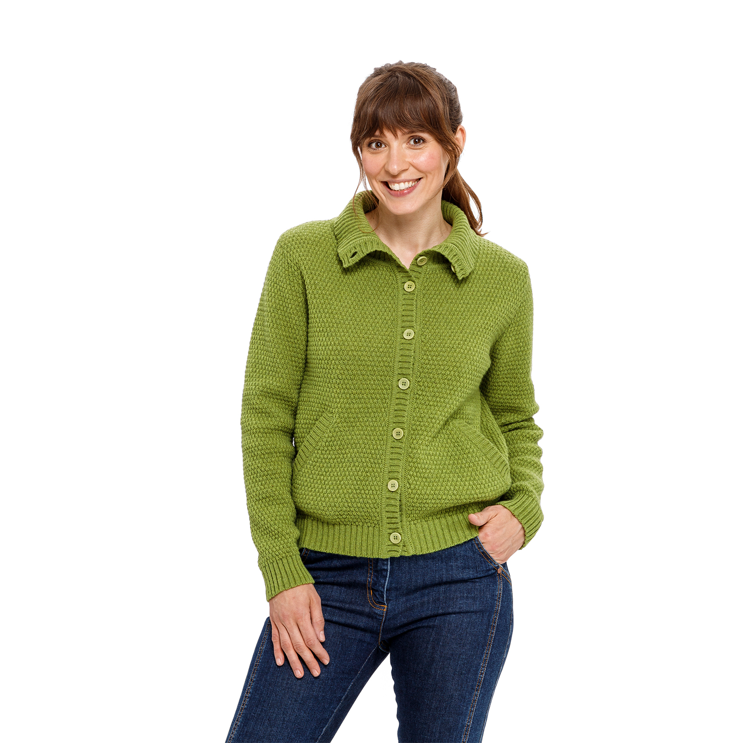 Strickjacke mit Stehkragen aus reiner Bio-Schurwolle