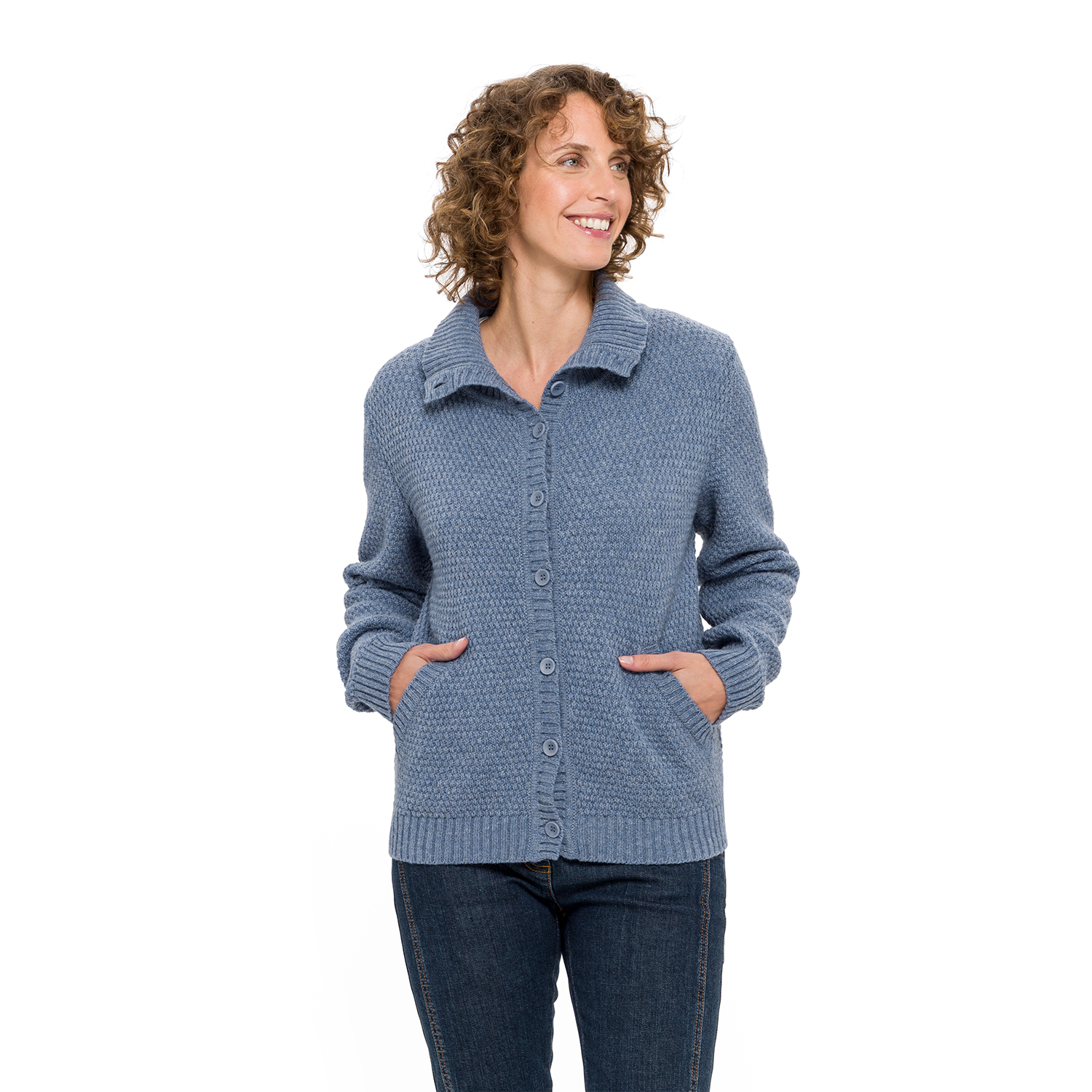 Strickjacke mit Stehkragen aus reiner Bio-Schurwolle